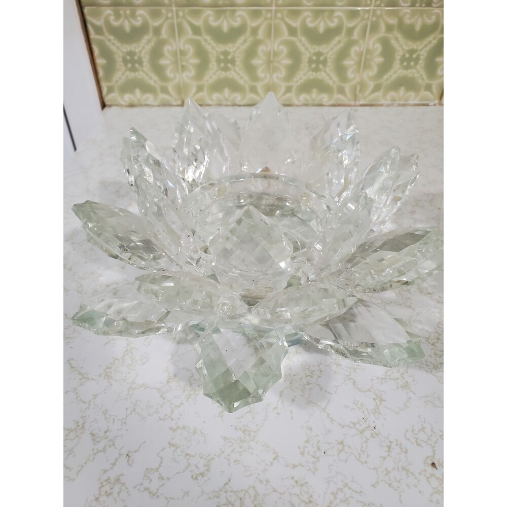 Shannon Crystal 9" Prism Pillar Candle Holder Heavy Lotus Flower Design